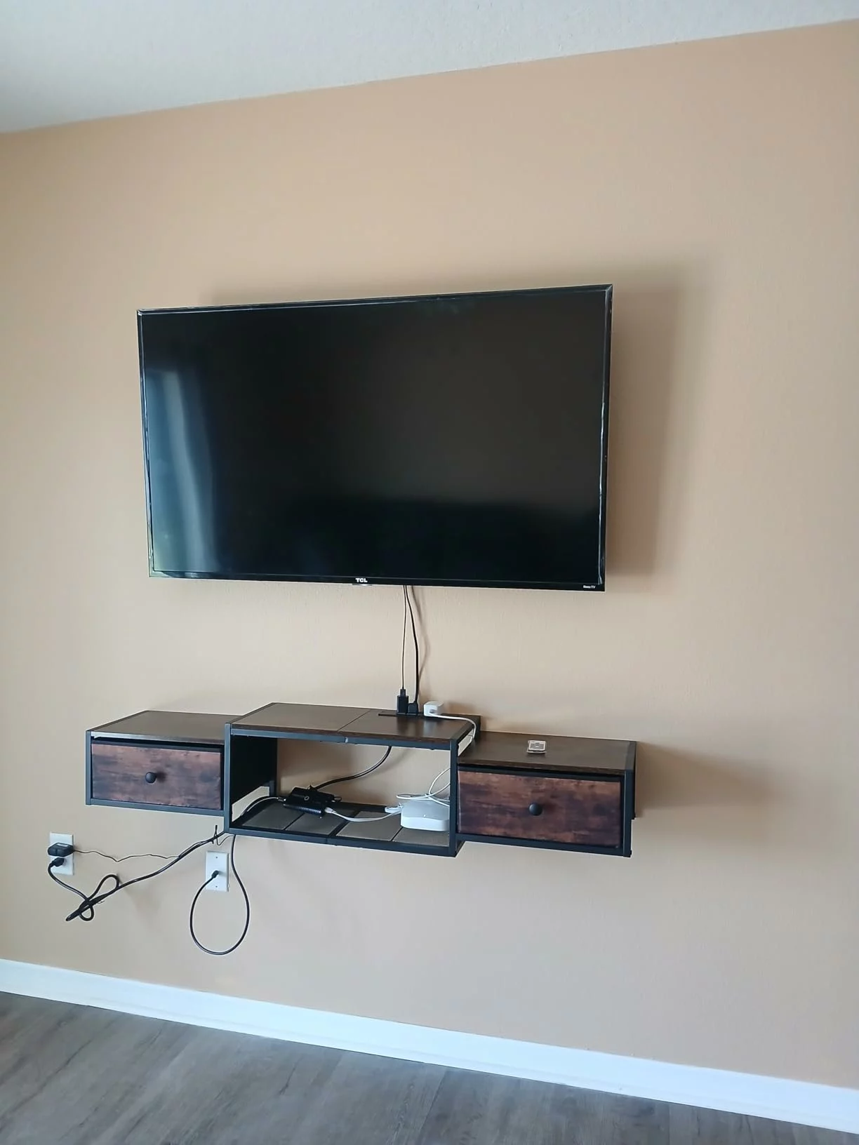 Click to view full screen Floating TV Stand 55" with Power Outlet, Wall Mounted Entertainment Center with LED Lights, Drawer Media Console Shelf photo review