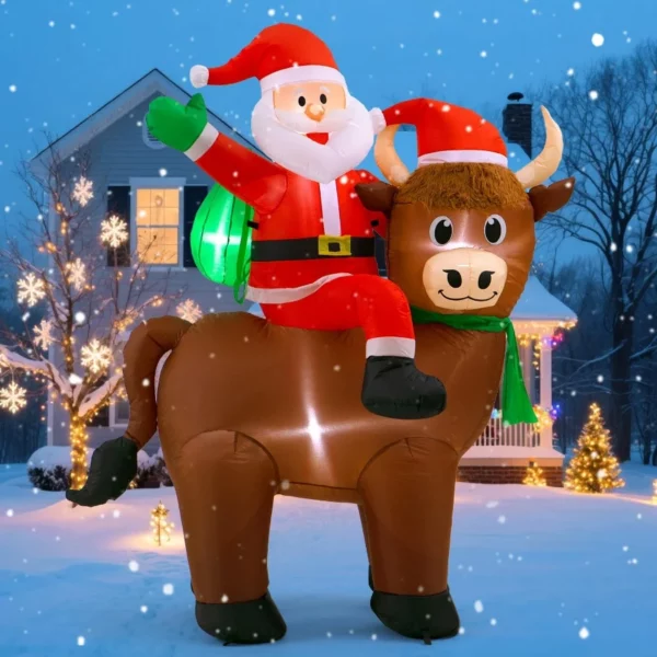 6FT Santa Claus with Highland Cow Inflatable – Cute LED Blow Up Christmas Outdoor Decoration for Lawn, Garden & Farm Holiday Party USA