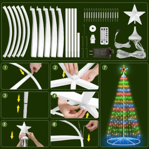 6ft Pre Lit Christmas Tree with 250 Multi Color LEDs Outdoor Indoor Artificial Xmas Tree with Remo 08