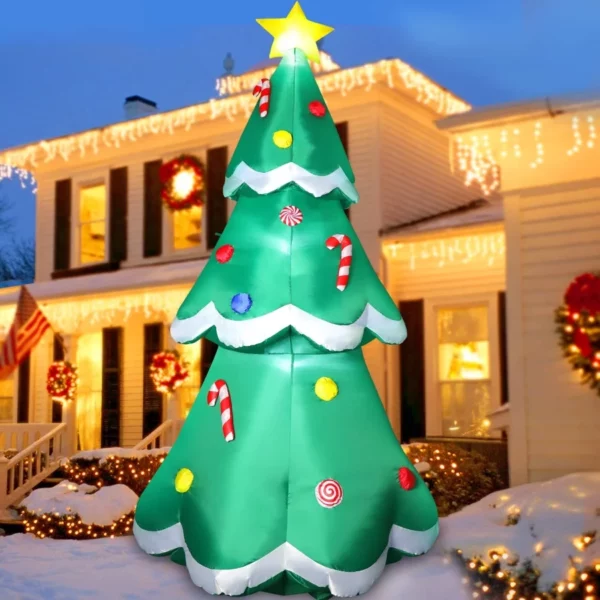 7FT LED Christmas Inflatable Tree – Blow Up Holiday Yard Decoration with Star Treetop & Colorful Candy for Lawn, Patio, Garden Display USA