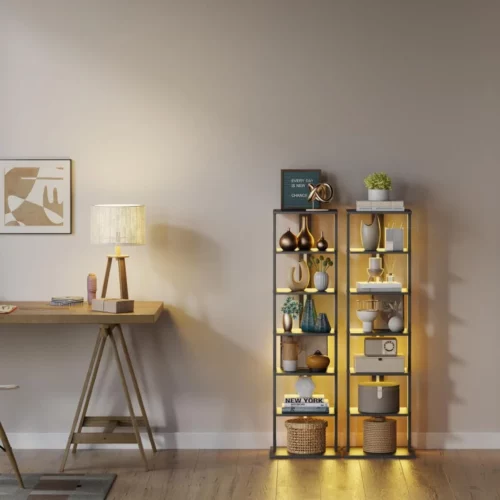 7 Tier Bookshelf Narrow Bookcase with LED Lights 47.2 Inch Book Shelf for Small Space Display Sto 07