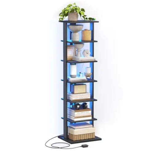 7 Tier Bookshelf Narrow Bookcase with LED Lights 47.2 Inch Book Shelf for Small Space Display Sto 08