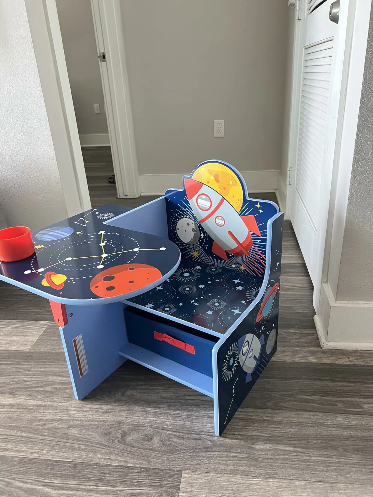 Click to view full screen Delta Children Space Adventures Chair Desk With Storage Bin, Kids Study Desk For Arts Crafts Snack Time Homework Blue. photo review