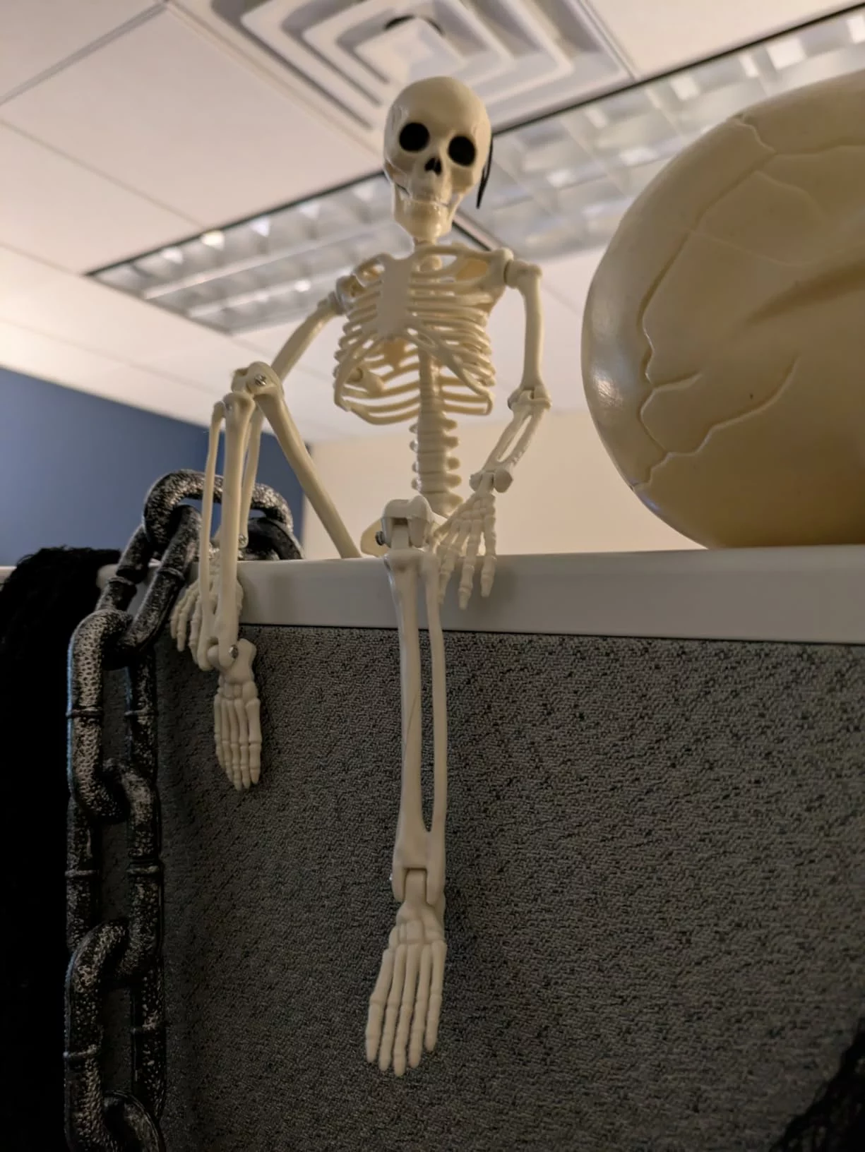 Click to view full screen 5.4FT Full Size Halloween Skeleton Decoration, Posable with Light Up Eyes & Scary Sound for Haunted House Décor photo review