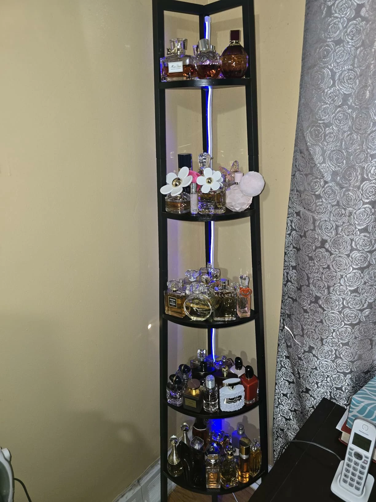 Click to view full screen 5-Tier Corner Bookshelf with LED Light, 67.5in Tall Standing Shelf with Steel Frame, Storage Shelves for Living Room Office photo review