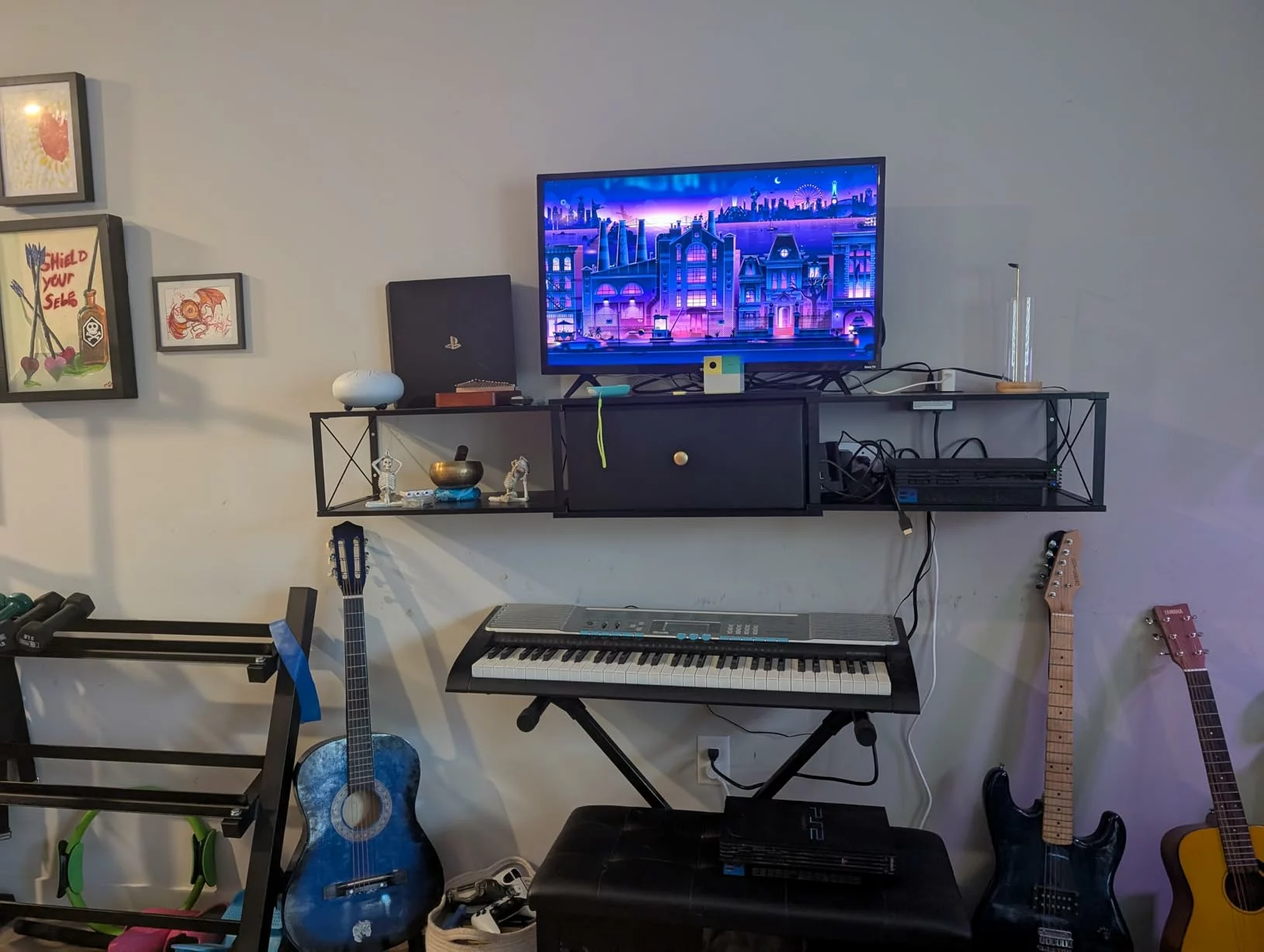 Click to view full screen Farmhouse Wall Mounted Floating TV Stand with Power Outlet, Media Console Storage Cabinet with Doors for Living Room photo review