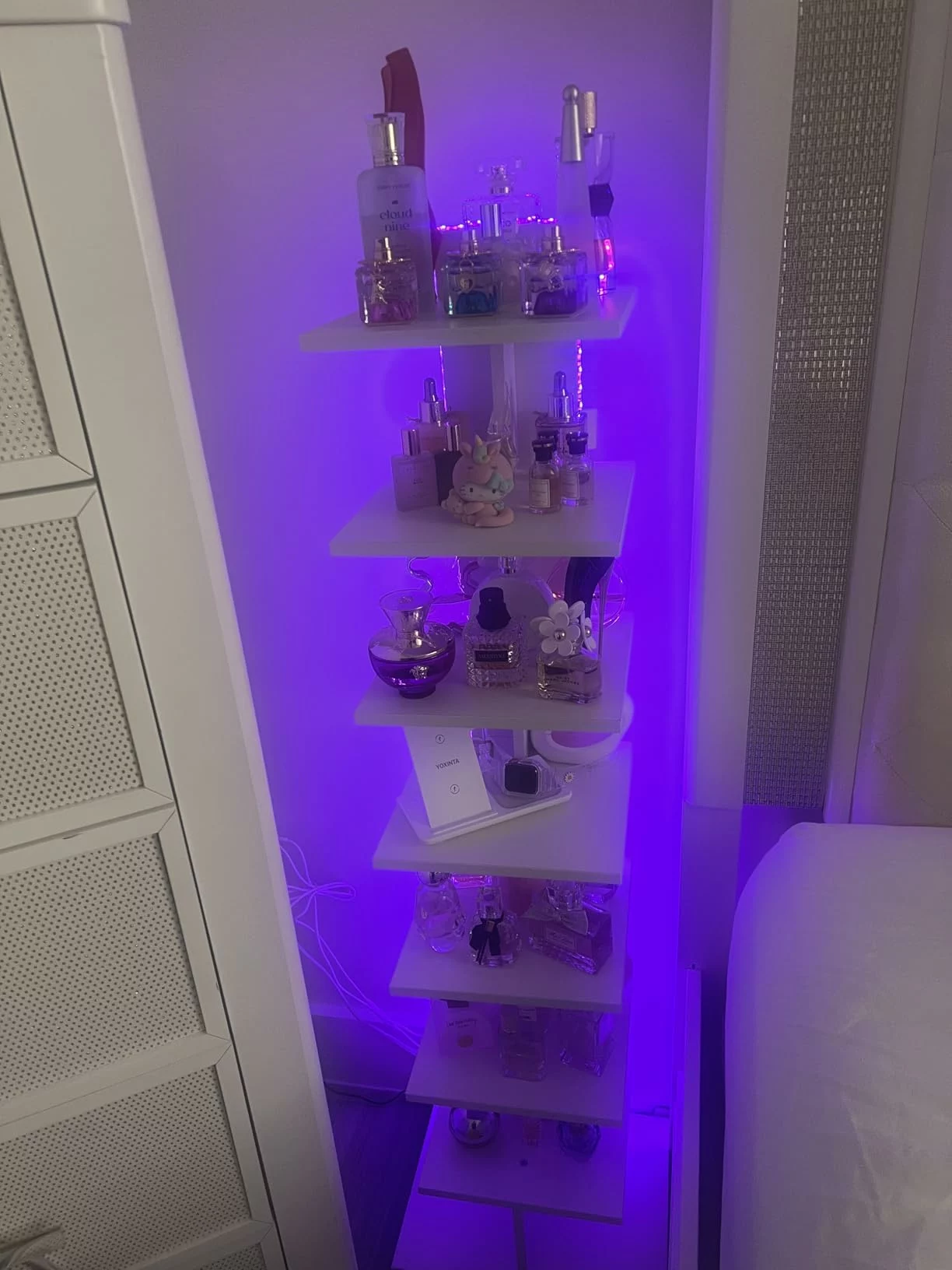 Click to view full screen 8-Tier Corner Bookshelf with LED Light, Space Saving Display Shelf Stand with Storage Rack for Bedroom Living Room Multi-Functional photo review
