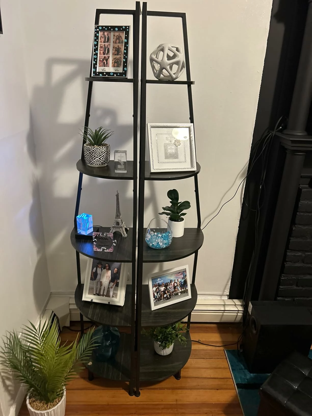 Click to view full screen 5-Tier Corner Shelf with LED Light, 67.2” Tall Standing Ladder Bookshelf, Narrow Storage Rack for Bedroom Living Room photo review