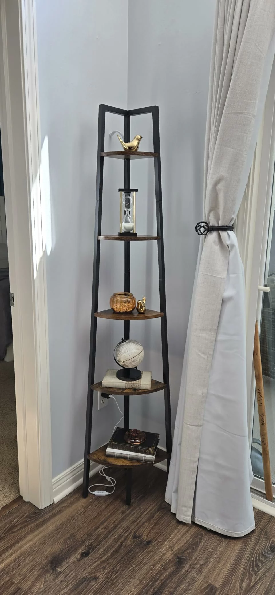 Click to view full screen 5-Tier Corner Bookshelf with LED Light, 67.5in Tall Standing Shelf with Steel Frame, Storage Shelves for Living Room Office photo review