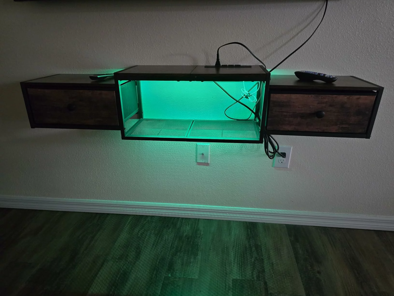 Click to view full screen Floating TV Stand 55" with Power Outlet, Wall Mounted Entertainment Center with LED Lights, Drawer Media Console Shelf photo review