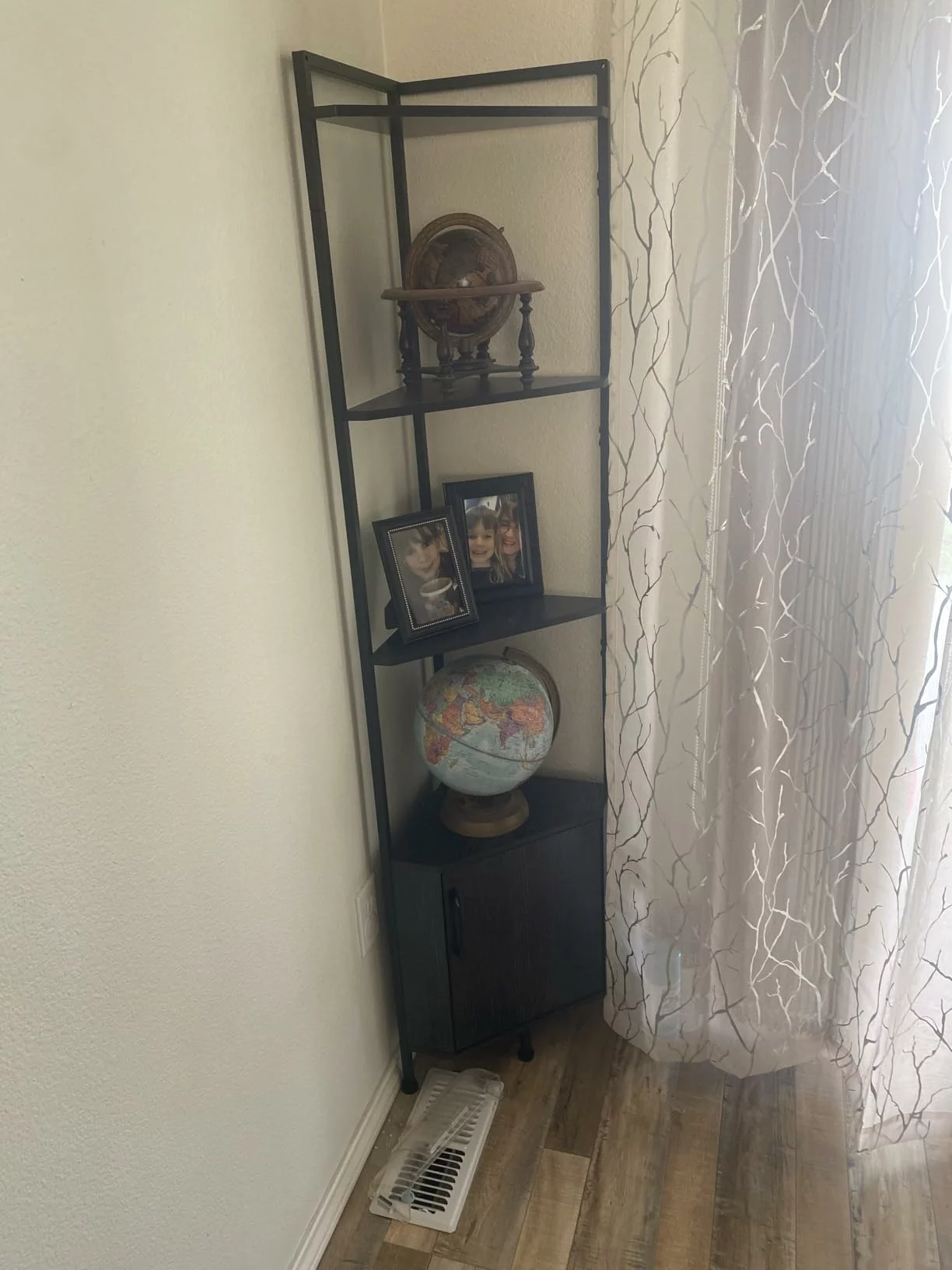 Click to view full screen Furnulem 5-Tier Corner Shelf with LED Light, 62.8” Standing Cabinet Bookshelf, Wood Display Storage for Living Room Bedroom photo review