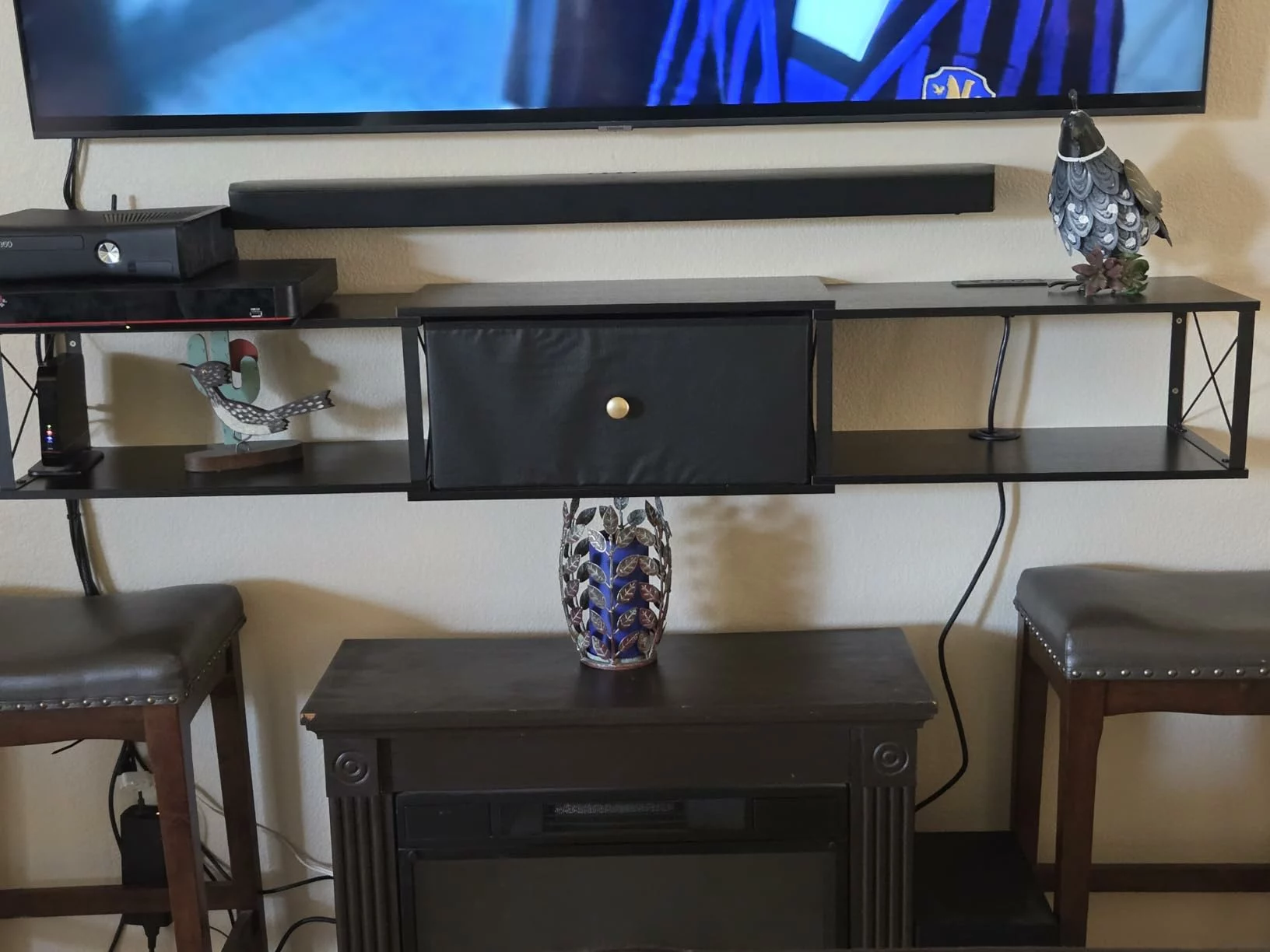 Click to view full screen Farmhouse Wall Mounted Floating TV Stand with Power Outlet, Media Console Storage Cabinet with Doors for Living Room photo review
