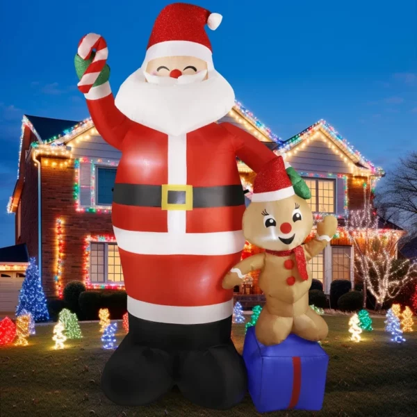 7FT Inflatable Santa with Gingerbread Doll & Gift Box – Christmas Blow Up Yard Decoration with LED Lights for Outdoor Holiday Display