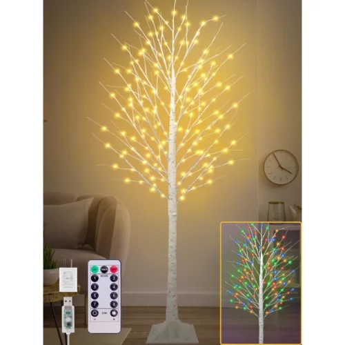7FT Lighted Birch Tree with 170 LEDs Warm White and Multicolor Lights 8 Functions Remote Faux Light 01