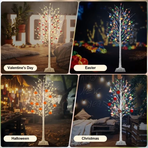 7FT Lighted Birch Tree with 170 LEDs Warm White and Multicolor Lights 8 Functions Remote Faux Light 08