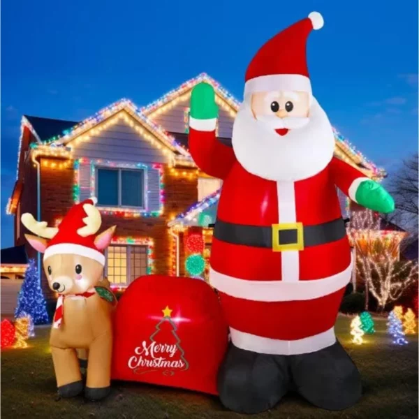 7FT Christmas Inflatable Santa with Reindeer & Ball – Built-in LED Blow Up Yard Decor for Outdoor Lawn, Garden & Holiday Xmas Party USA