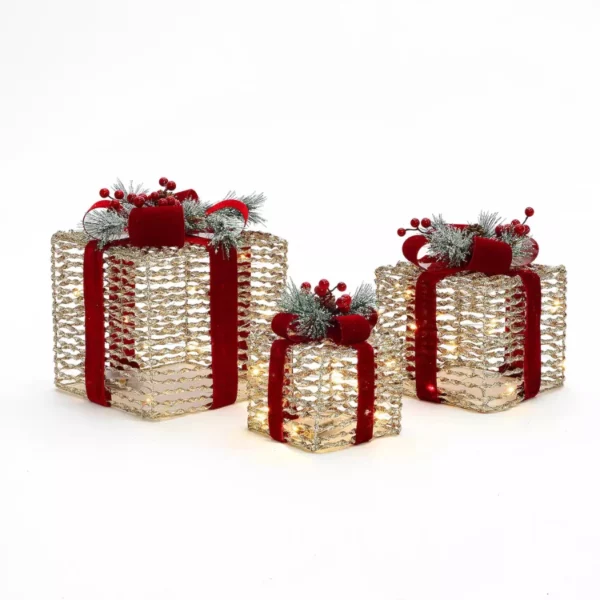 LuxenHome 3-Piece Plastic Rattan Gift Box Set with Red Ribbon Outdoor Holiday Decor