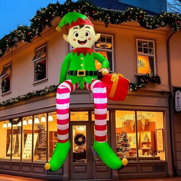 8FT Christmas Inflatable Sitting Elf with Gift Bag – LED Lighted Blow Up Outdoor Yard Decoration for Lawn, Garden & Holiday Party