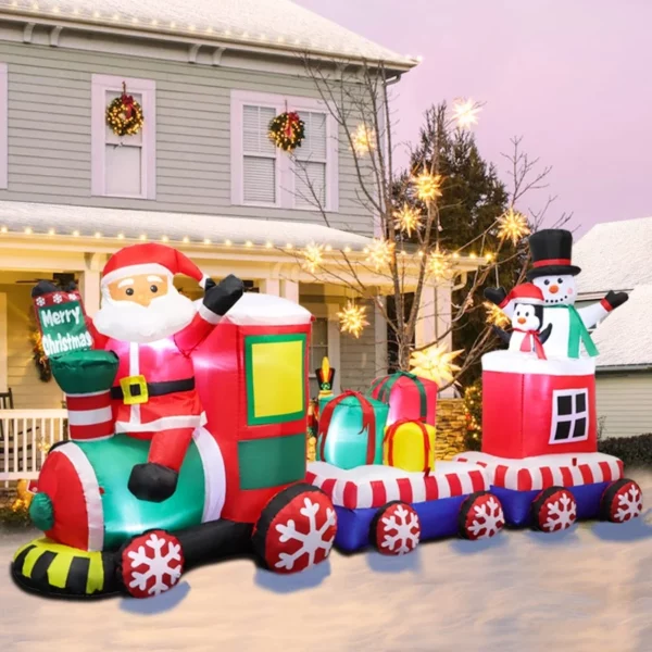 8FT Inflatable Christmas Train with Santa, Snowman & Penguin – LED Lighted Blow Up Yard Decoration for Lawn, Garden & Holiday Party Display