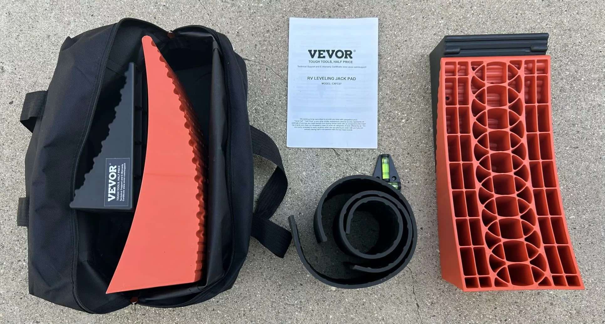 Click to view full screen VEVOR Heavy Duty Camper Levelers 2 Pack, RV Leveling Blocks with Wheel Chocks Kit with Anti-Slip, Bag & Anti-Slip Mat photo review