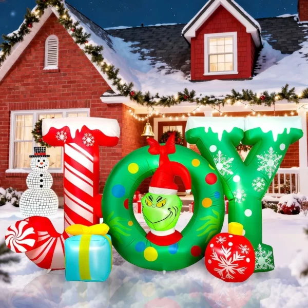 8FT Inflatable Joy Christmas Decoration – Green Monster & Gift Boxes Blow Up for Outdoor Lawn, Garden & Holiday Display