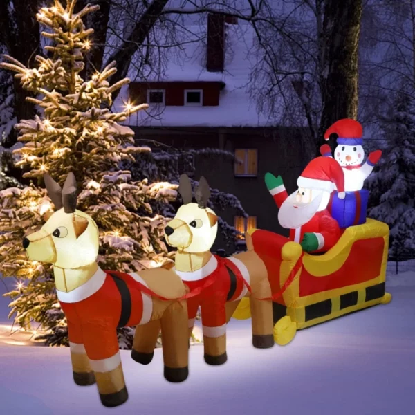 Christmas Inflatable 8FT Santa and Snowman on Sleigh – Built-in LED Lights Blow Up Reindeer Yard Decor for Outdoor Garden Xmas Display