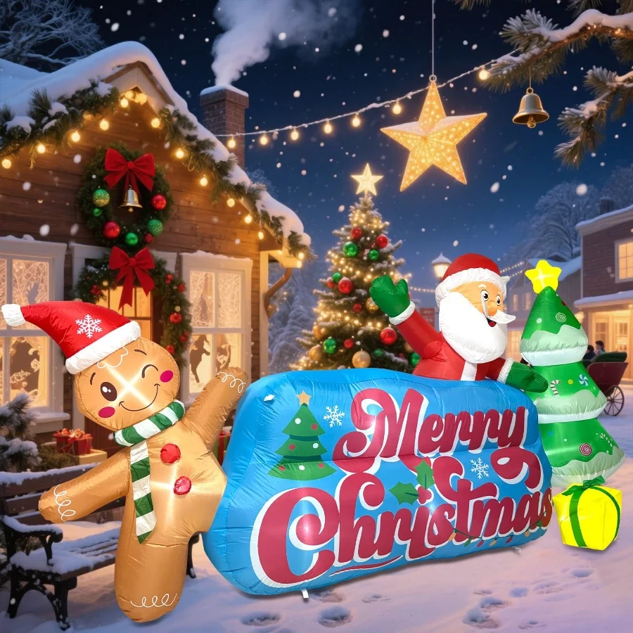 9.2 FT Inflatables Merry Christmas Banner with Santa, Gingerbread Man & Christmas Tree, Blow Ups Out - 03 9.2 FT Inflatables Merry Christmas Banner with Santa Gingerbread Man Christmas Tree Blow Ups Out 03