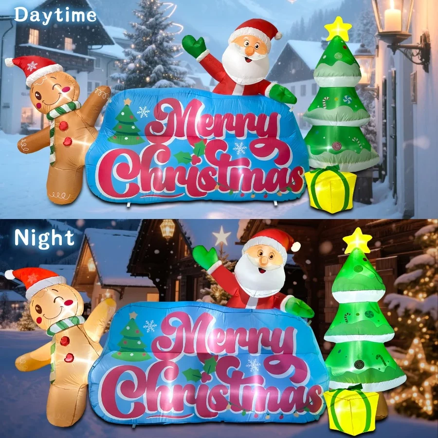 9.2 FT Inflatables Merry Christmas Banner with Santa, Gingerbread Man & Christmas Tree, Blow Ups Out - 04 9.2 FT Inflatables Merry Christmas Banner with Santa Gingerbread Man Christmas Tree Blow Ups Out 04