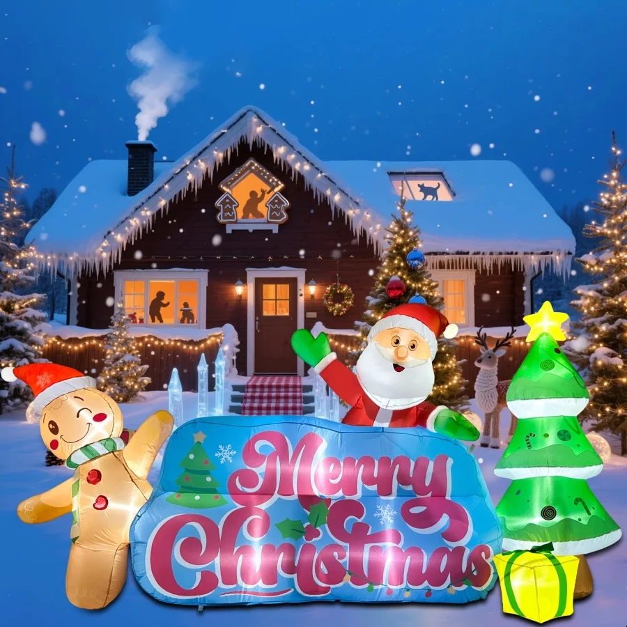 9.2 FT Inflatables Merry Christmas Banner with Santa, Gingerbread Man & Christmas Tree, Blow Ups Out - 05 9.2 FT Inflatables Merry Christmas Banner with Santa Gingerbread Man Christmas Tree Blow Ups Out 05