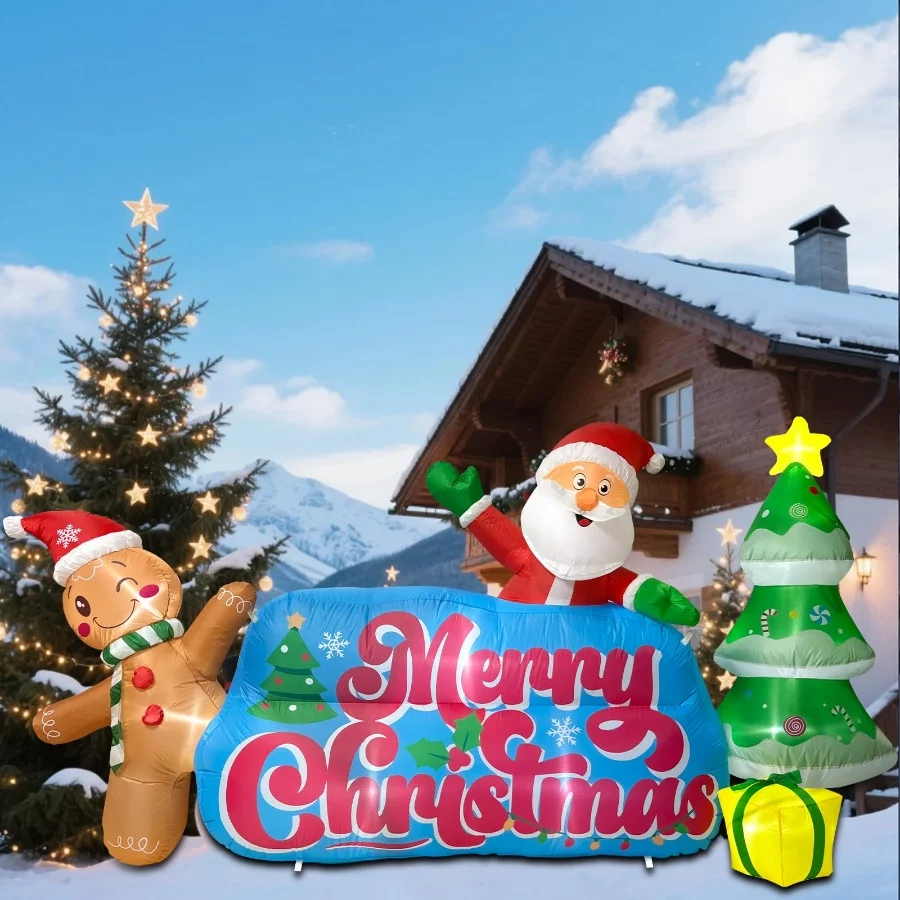 9.2 FT Inflatables Merry Christmas Banner with Santa, Gingerbread Man & Christmas Tree, Blow Ups Out - 06 9.2 FT Inflatables Merry Christmas Banner with Santa Gingerbread Man Christmas Tree Blow Ups Out 06