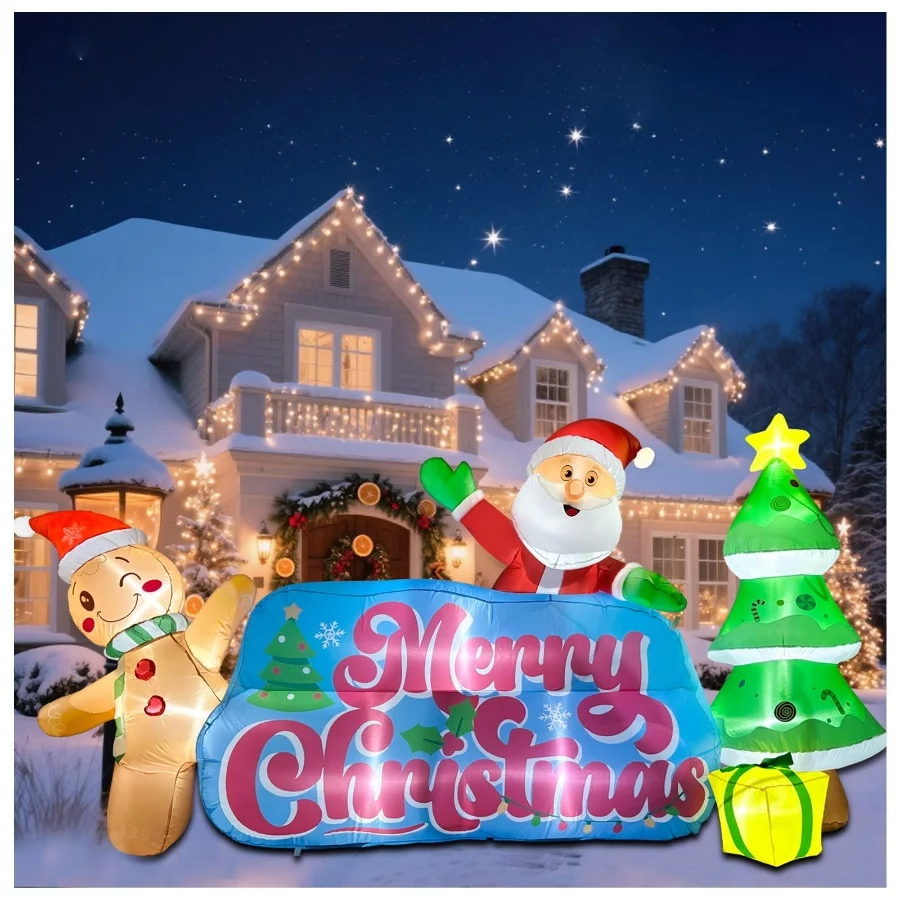 9.2 FT Inflatables Merry Christmas Banner with Santa, Gingerbread Man & Christmas Tree, Blow Ups Out - 07 9.2 FT Inflatables Merry Christmas Banner with Santa Gingerbread Man Christmas Tree Blow Ups Out 07