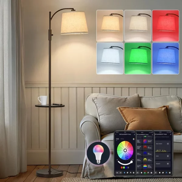 Smart Floor Lamp with Side Table, RGB Color Changing & Stepless Dimming, Alexa & Google Voice Control for Living Room