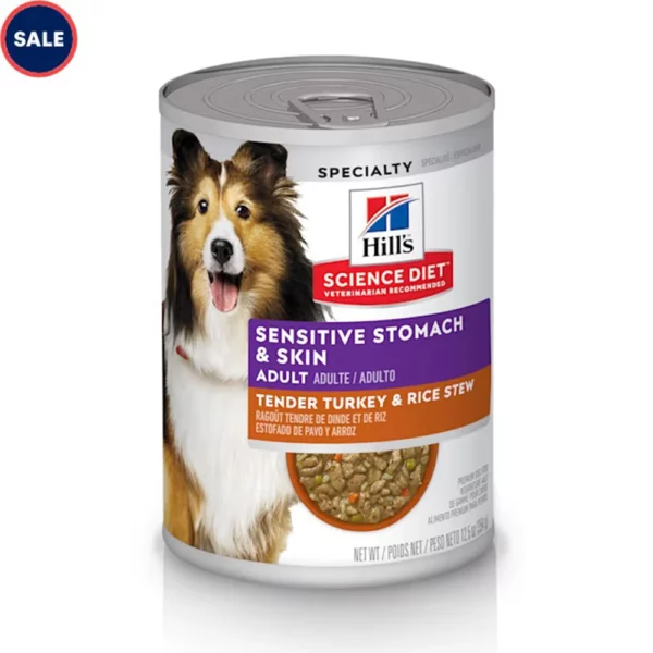 Adult Sensitive Stomach and Skin Wet Dog Food – Tender Turkey and Rice Stew, 12.5 oz Cans, Pack of 12