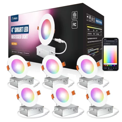 Amico 6 Pack 4 Inch Smart LED Recessed Lighting WiFi Bluetooth Canless Downlight with Junction Box 07