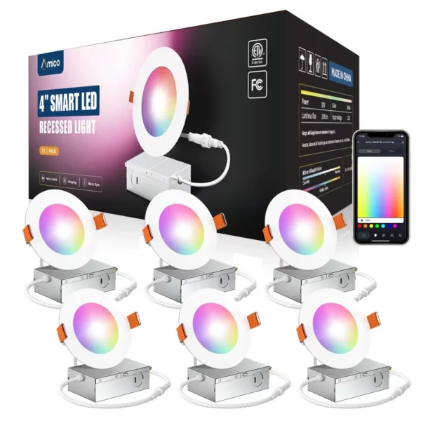 Amico 6 Pack 4 Inch Smart LED Recessed Lighting WiFi Bluetooth RGB 2700K-6500K Dimmable 10W=70W Downlight 800LM
