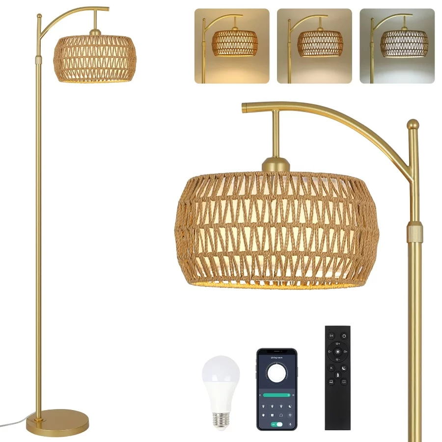 Arc Floor Lamp for Bedroom, Boho Standing Lamp with Remote & LED Smart Bulb, Rattan Floor Lamps for - 02 Arc Floor Lamp for Bedroom Boho Standing Lamp with Remote LED Smart Bulb Rattan Floor Lamps for 02