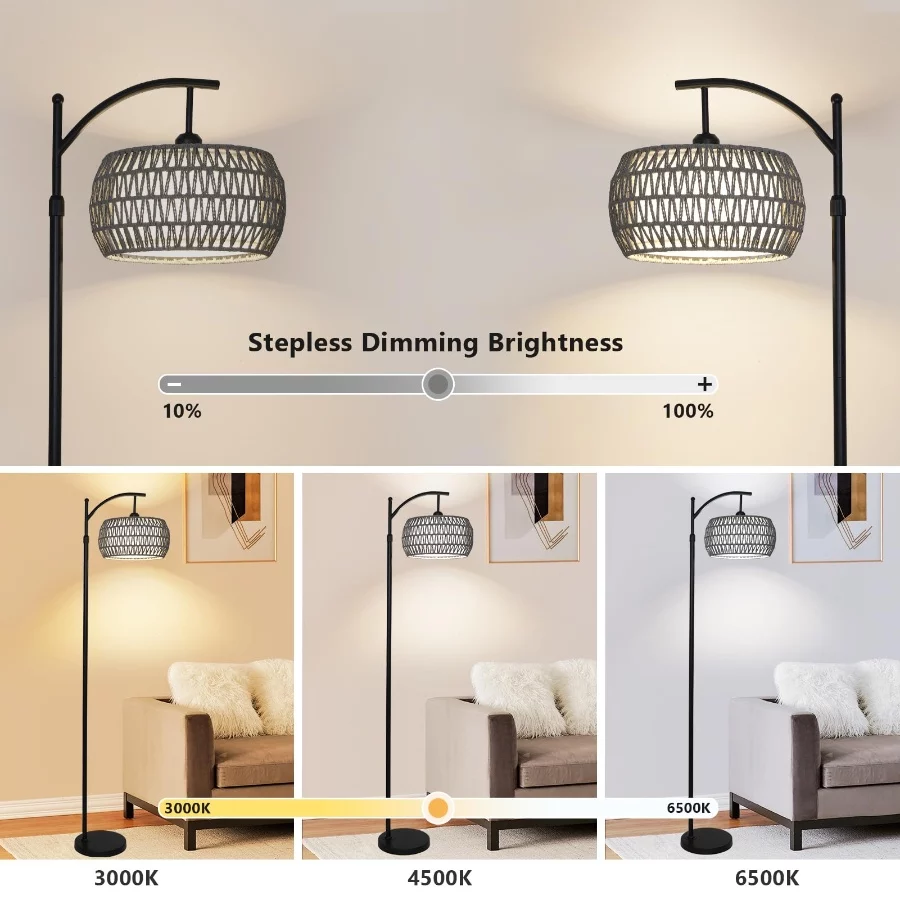 Arc Floor Lamp for Bedroom, Boho Standing Lamp with Remote & LED Smart Bulb, Rattan Floor Lamps for - 03 Arc Floor Lamp for Bedroom Boho Standing Lamp with Remote LED Smart Bulb Rattan Floor Lamps for 03