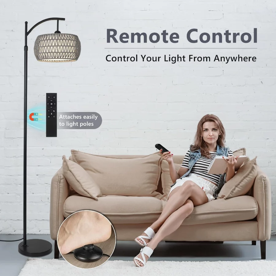 Arc Floor Lamp for Bedroom, Boho Standing Lamp with Remote & LED Smart Bulb, Rattan Floor Lamps for - 05 Arc Floor Lamp for Bedroom Boho Standing Lamp with Remote LED Smart Bulb Rattan Floor Lamps for 05