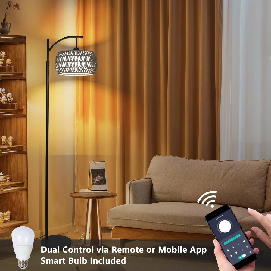 Arc Floor Lamp for Bedroom, Boho Standing Lamp with Remote & LED Smart Bulb, Rattan Floor Lamps for - 06 Arc Floor Lamp for Bedroom Boho Standing Lamp with Remote LED Smart Bulb Rattan Floor Lamps for 06