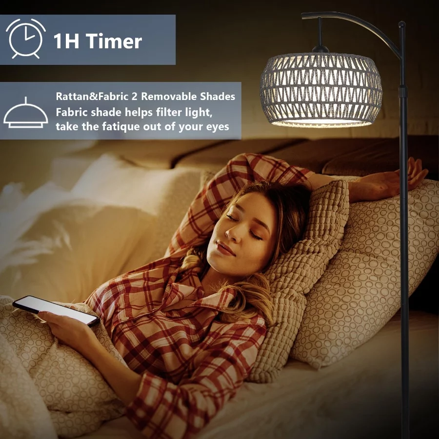 Arc Floor Lamp for Bedroom, Boho Standing Lamp with Remote & LED Smart Bulb, Rattan Floor Lamps for - 07 Arc Floor Lamp for Bedroom Boho Standing Lamp with Remote LED Smart Bulb Rattan Floor Lamps for 07