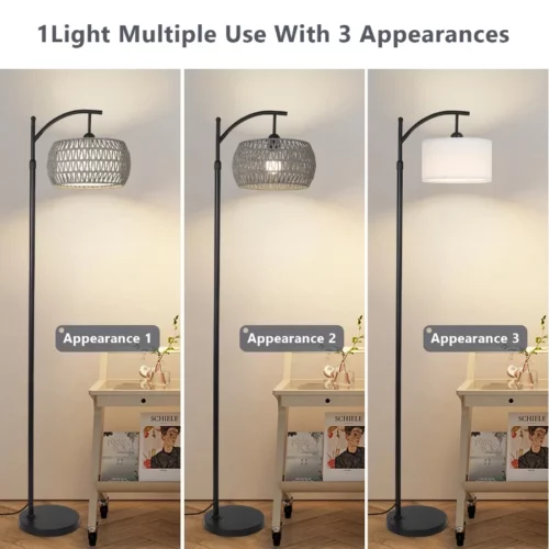Arc Floor Lamp for Bedroom Boho Standing Lamp with Remote LED Smart Bulb Rattan Floor Lamps for 08