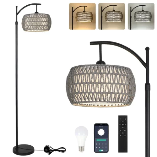 Arc Floor Lamp for Bedroom Boho Standing Lamp with Remote LED Smart Bulb Rattan Floor Lamps for 09