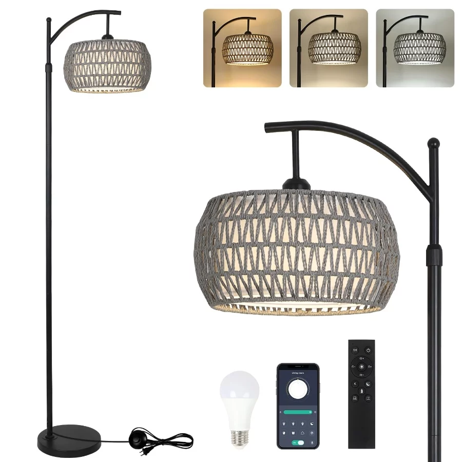 Arc Floor Lamp for Bedroom, Boho Standing Lamp with Remote & LED Smart Bulb, Rattan Floor Lamps for - 09 Arc Floor Lamp for Bedroom Boho Standing Lamp with Remote LED Smart Bulb Rattan Floor Lamps for 09