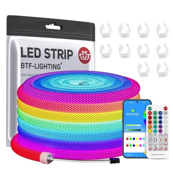 16.4FT BTF-LIGHTING WS2812B RGB Neon Rope Light, 360° Flexible IP67 Waterproof LED Strip with Bluetooth Controller for Indoor Decor