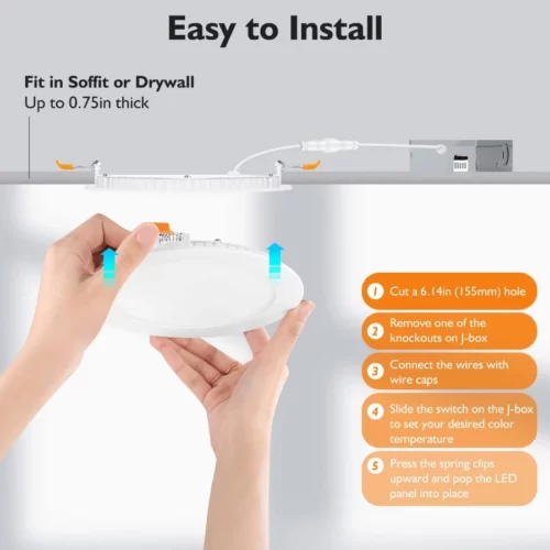 BesLowe 6 Packs 6 Inch 5CCT LED Recessed Ceiling Lights Ultra Thin with Junction Box 12W 150W Eqv 07