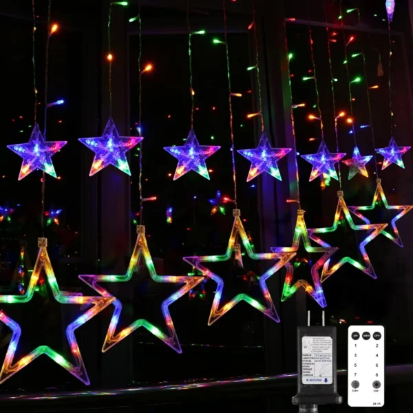 Blingstar 8.2FT 138 LED Star Curtain Lights with Remote, Plug in Multicolor Window String Lights for Christmas Ramadan Bedroom