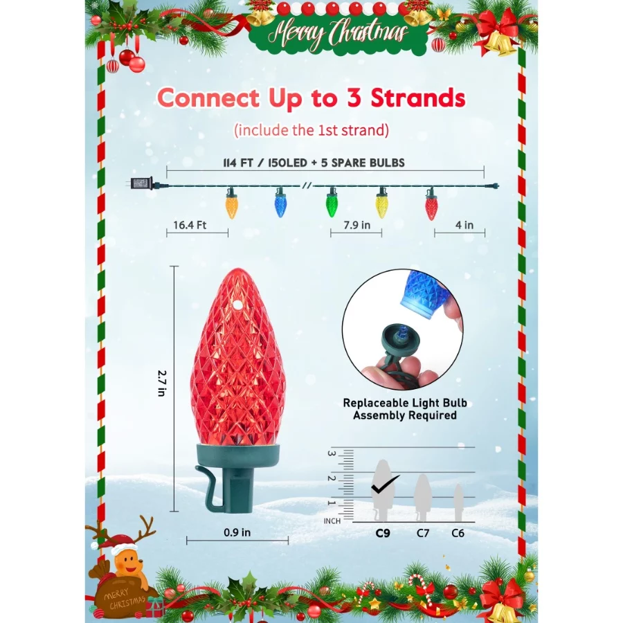 C9 Christmas Lights Outdoor, 114 Feet 150 LED C9 String Lights with Timer & 8 Light Modes, Waterproo - 03 C9 Christmas Lights Outdoor 114 Feet 150 LED C9 String Lights with Timer 8 Light Modes Waterproo 03