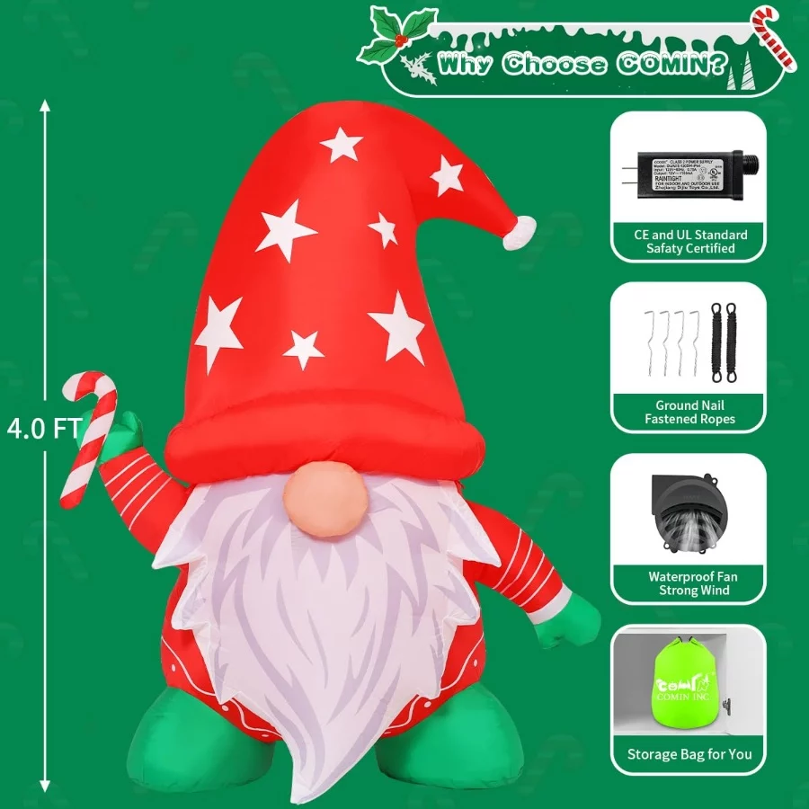 COMIN 4FT Tall Christmas Inflatables Outdoor Decorations, Xmas Blow Up Gnomes Wearing Red Hat with B - 02 COMIN 4FT Tall Christmas Inflatables Outdoor Decorations Xmas Blow Up Gnomes Wearing Red Hat with B 02