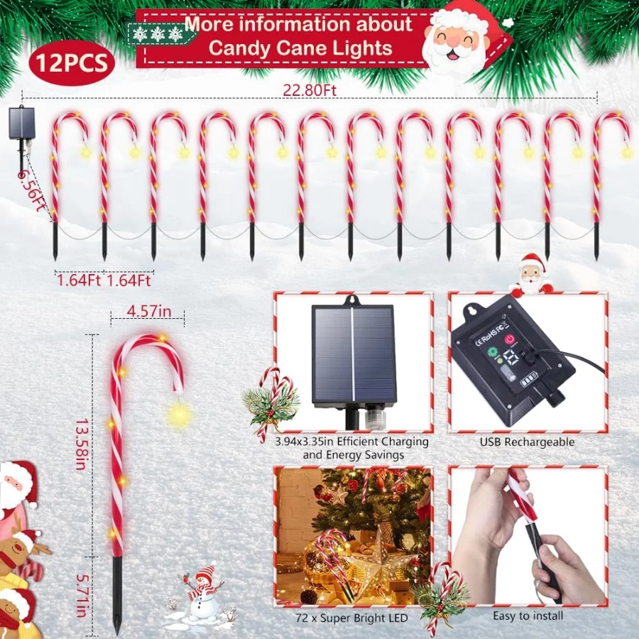 Candy Cane Christmas Lights, 12 Pack Waterproof Christmas Solar Candy Cane Lights with 8 Modes and T - 02 Candy Cane Christmas Lights 12 Pack Waterproof Christmas Solar Candy Cane Lights with 8 Modes and T 02