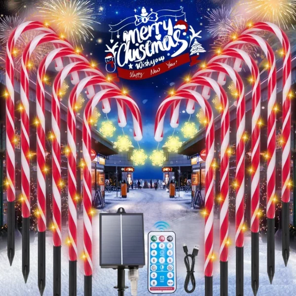 Candy Cane Christmas Solar Lights 12 Pack – Waterproof 1200mAh LED Pathway Stakes with 8 Modes Timer for Yard Outdoor Décor